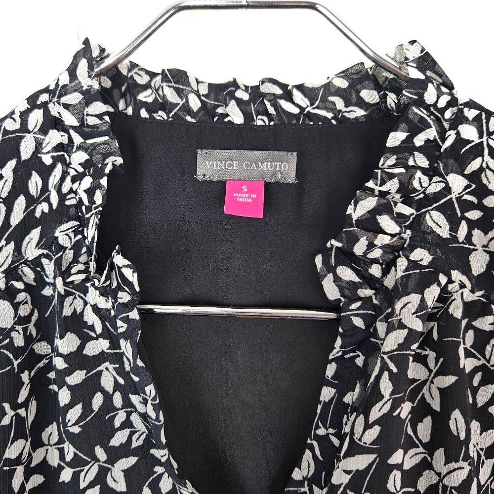 VINCE CAMUTO Front Button Black White Leaf Sheer Sleeved Career Blouse Top Small - Picture 2 of 6